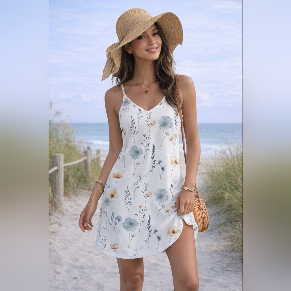 Hotouch Floral V-Neck Sundress w/ Pockets Casual Summer Beach Dress Women’s Size